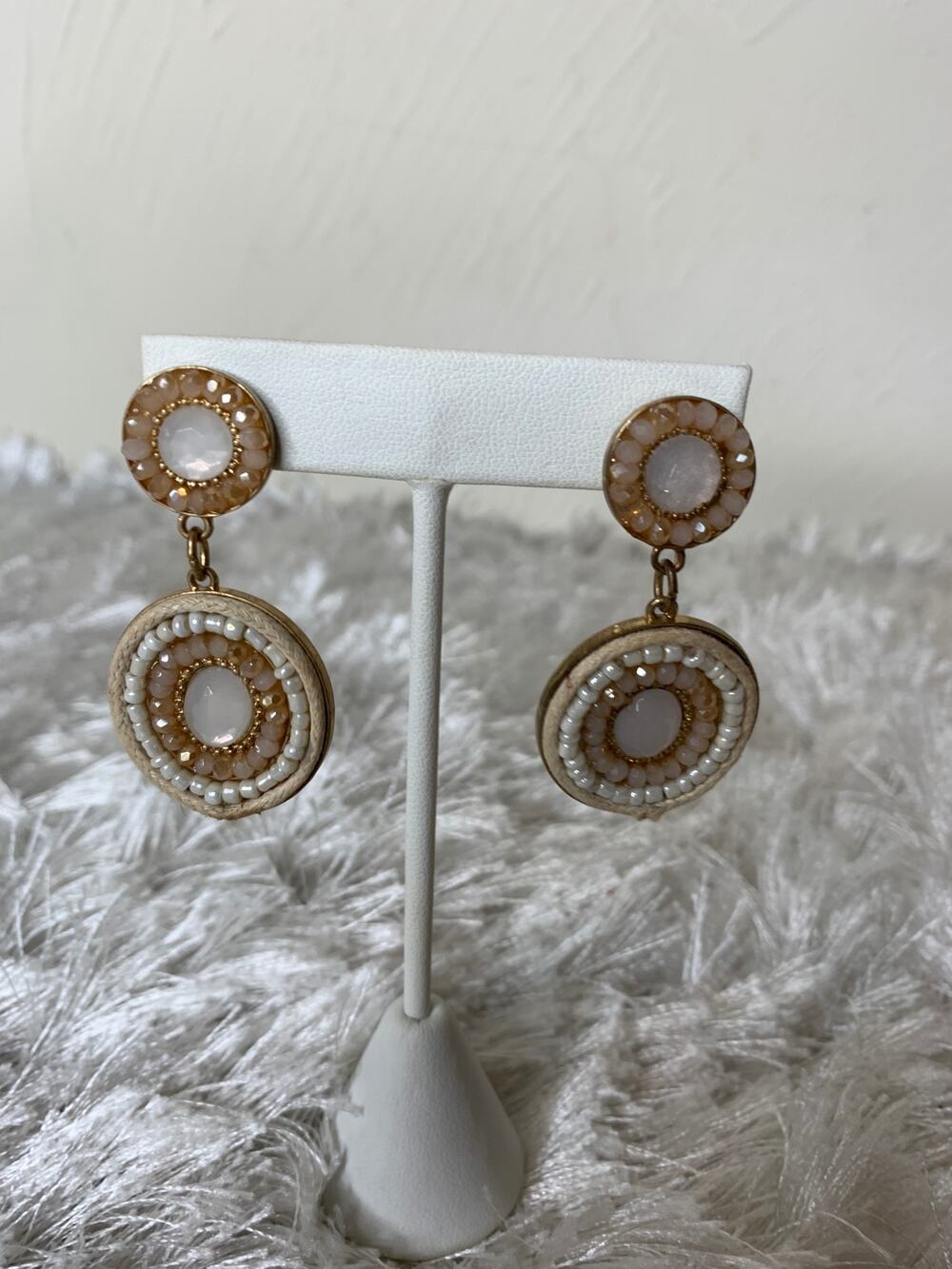 Opal Shell Coastal Cream Drop Disc Earrings Post 1.5" drop